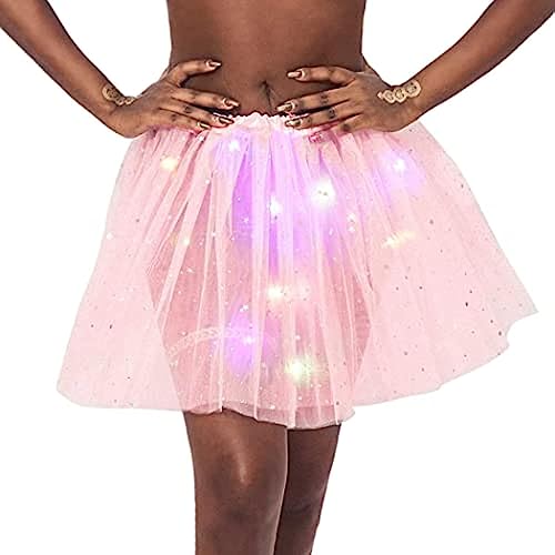 Ksnnrsng Falda Tutú para Mujer Lentejuelas Estrella Faldas de Tul Mujer con Luz LED Vestido Ballet Vestido Corto de Baile Faldas para Fiesta Danza (Rosa)