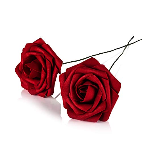 Ksnnrsng Flores Rosas Artificiales Espuma Rosa Falsa para Manualidades, Ramos de Novia, centros de Mesa, Despedidas de Soltera y Decoración del Hogar (25 Piezas, Vino Rojo)