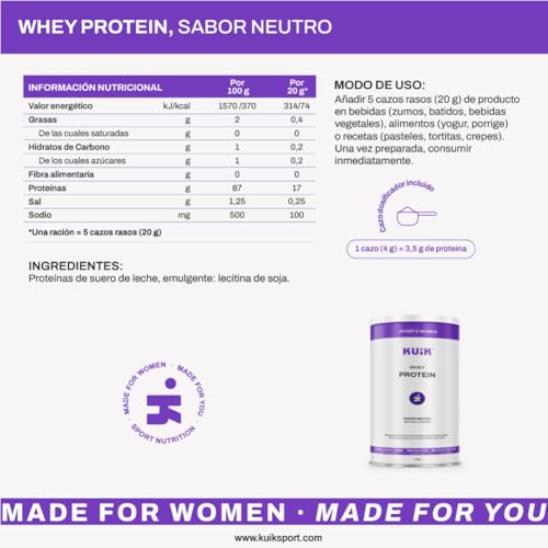 KUIK | Proteína Whey para Mujeres | Recuperación muscular y fuerza | Nutrición deportiva para mujeres | Sabor Neutro - 330 g