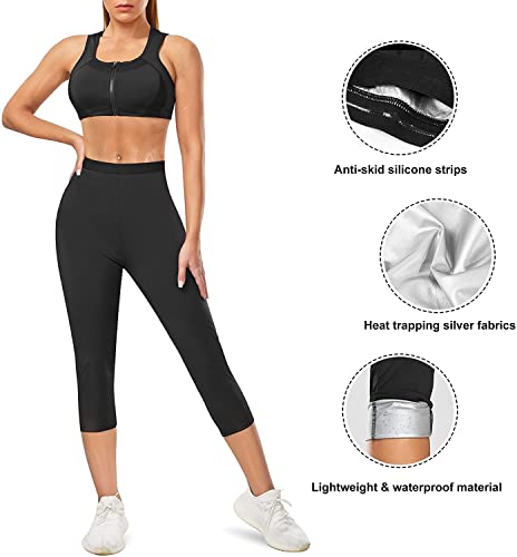 KUMAYES Pantalones Cortos de Sauna para Mujer Deportivos de Cintura Alta Térmicos de Adelgazamiento Pantalon Sauna Reductora Mallas de Yoga para Adelgazar (M, Negro)