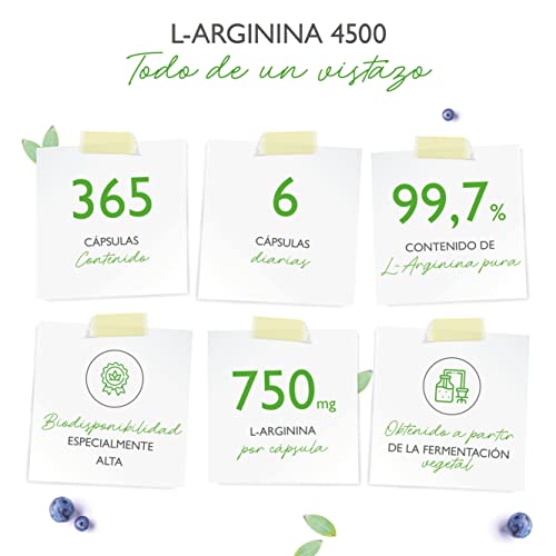 L-Arginina - 365 cápsulas veganas - Premium: 4500 mg de L-Arginina pura por dosis diaria - Elaborada por fermentación vegetal - Altamente dosificada - Vegana