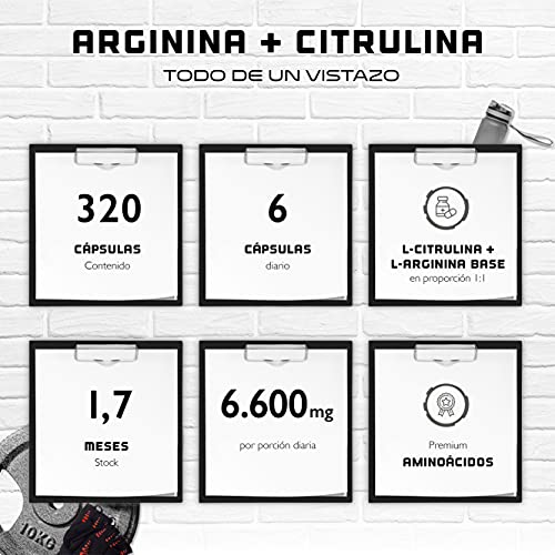 L-Arginina + L-Citrulina - 320 cápsulas - 1100 mg por cápsula - Citrulina + Arginina Base en proporción 1:1 - Aminoácidos Premium