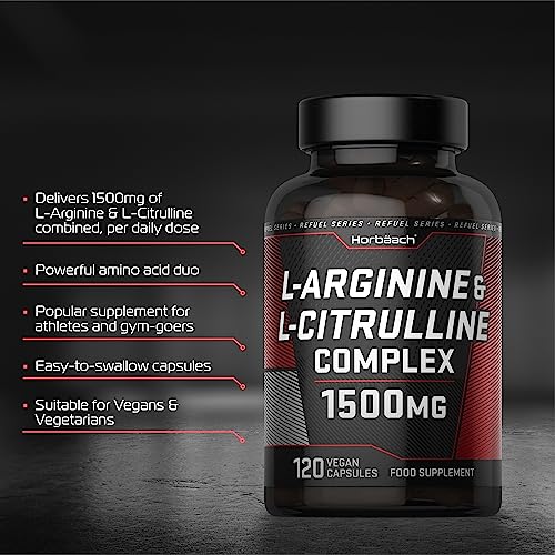 L Arginina y Citrulina 1500 mg | L Arginina 1000 mg y L Citrulina 500 mg | 120 Cápsulas | Complejo de suplementos de aminoácidos | por Horbaach