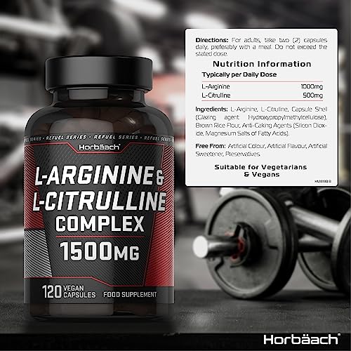 L Arginina y Citrulina 1500 mg | L Arginina 1000 mg y L Citrulina 500 mg | 120 Cápsulas | Complejo de suplementos de aminoácidos | por Horbaach
