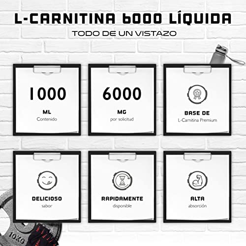 L-Carnitina 6000 Líquido - 1000 ml - Dosificación extra alta con 6000 mg de L-Carnitina pura por porción diaria - Bebida de entrenamiento de aminoácidos - Sabor delicioso (Cherry Madness)