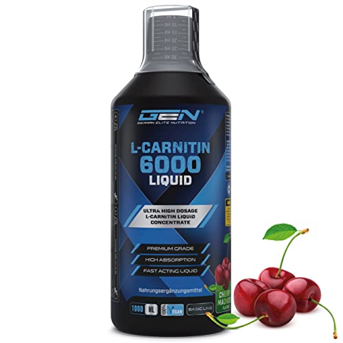 L-Carnitina 6000 Líquido - 1000 ml - Dosificación extra alta con 6000 mg de L-Carnitina pura por porción diaria - Bebida de entrenamiento de aminoácidos - Sabor delicioso (Cherry Madness)