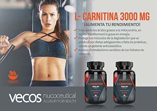 L-Carnitina Pura 3000 mg | Mejora la Energía, Resistencia, el Rendimiento Deportivo y la Metabolización Eficiente de las Grasas | Quemagrasas | 160 Cápsulas Vegetales