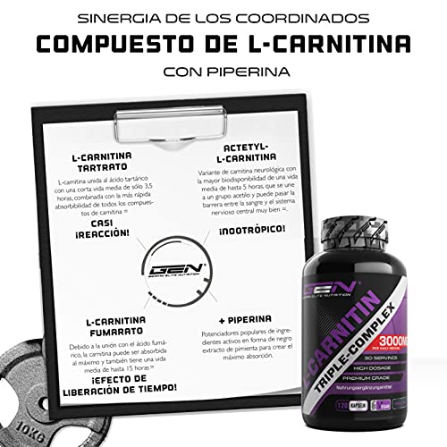 L-Carnitina Triple Complex - 3000 mg por ración diaria - Premium: Complejo de Acetil-l-carnitina, L-Carnitina Tartrato y Carnitina Fumarato - 120 Cápsulas - Alta dosis - Vegano