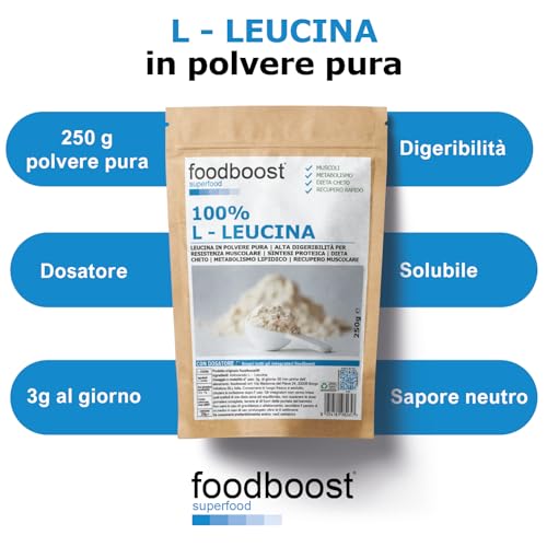 L - Leucina pura en polvo 250 g foodboost - sin aditivos - con dosificador - para masa muscular, dieta cetogénica, marca de confianza italiana, pre entrenamiento - 100 dosis