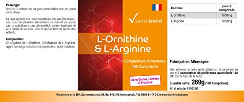 L-Ornitina & L-Arginina -180 Comprimidos - Vegana - Altamente dosificado | Vitamintrend®