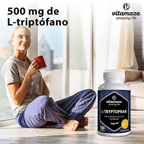 L-Triptófano Puro 500mg - 180 Cápsulas para 6 Meses - Sueño Reparador y Relajación - Aminoácido Esencial Naturalmente Fermentado - Sin Aditivos - Calidad Alemana - Vitamaze