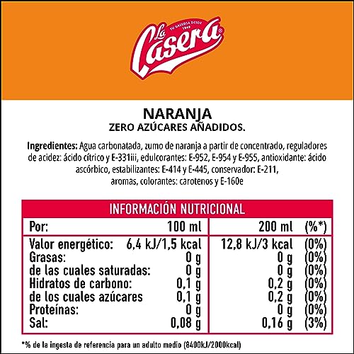 La Casera® Naranja, Refresco con gas de naranja con Cero Azúcares añadidos - Botella, Pack 6 x 1,5 L