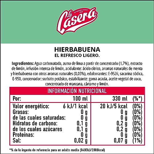 La Casera® Refresco Ligero de Hierbabuena, con Cero Azúcares y Cero Calorías - Lata, Pack 24 x 33 cl