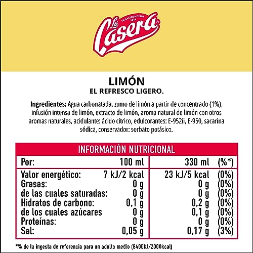 La Casera® Refresco Ligero de Limón, con Cero Azúcares y Cero Calorías - Lata, Pack 24 x 33 cl