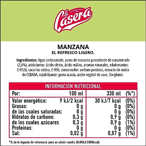 La Casera® Refresco Ligero de Manzana, con Cero Azúcares y Cero Calorías - Lata, Pack 24 x 33 cl