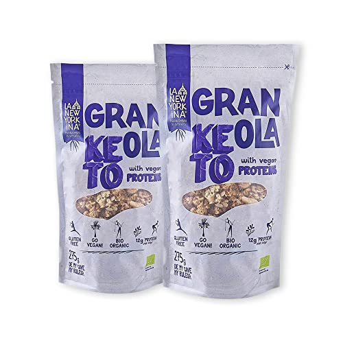 LA NEWYORKINA Granola Keto con Proteínas Veganas. Snack Ecológico Certificado, Crujiente y Saludable para Desayuno y Merienda. Granola Artesana Sin Gluten para Dietas,Ceto y Paleo. Envase 550g(2x275g)