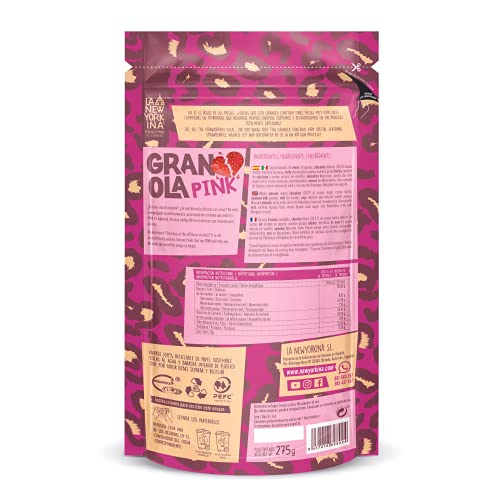 LA NEWYORKINA. Granola Pink con Chocolate Blanco y Fresas. Snack Crujiente y Saludable para Desayuno y Merienda. Granola Artesanal Sin Gluten en Envase de 275gr