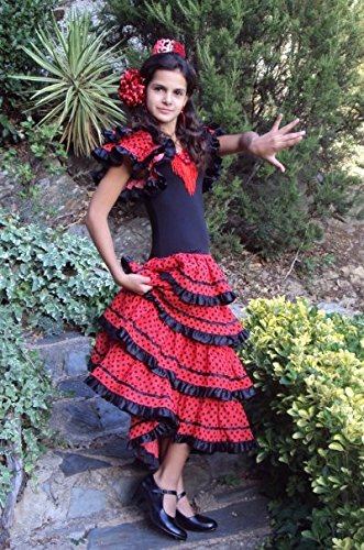 La Senorita Vestido Flamenco Sevillana Español Traje de Flamenca para niñas Rojo Negro Largo: 95 cm, 9-10 años