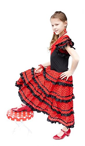 La Senorita Vestido Flamenco Sevillana Español Traje de Flamenca para niñas Rojo Negro Largo: 95 cm, 9-10 años