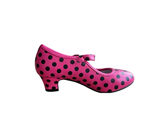 La Senorita Zapatos de Flamenco para Niñas [Talla 24 a 37]. Zapatos de Tacón para Sevillanas y Clases de Baile Zapatos de Gitana Rosas con Lunares Negros