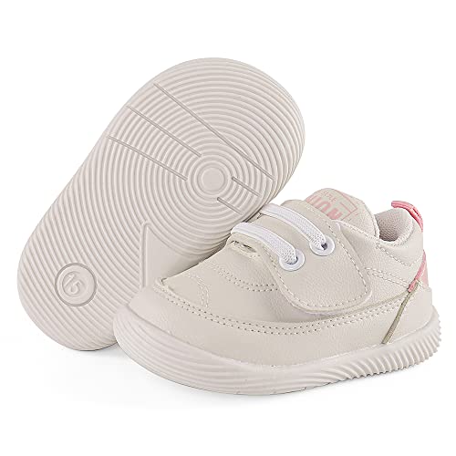 LACOFIA Zapatos Primeros Pasos Infantil Zapatillas de Deporte con Suela de Goma Antideslizante para Bebé Niñas Blanco/Rosa 21(CN 19)