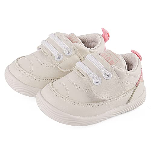 LACOFIA Zapatos Primeros Pasos Infantil Zapatillas de Deporte con Suela de Goma Antideslizante para Bebé Niñas Blanco/Rosa 21(CN 19)