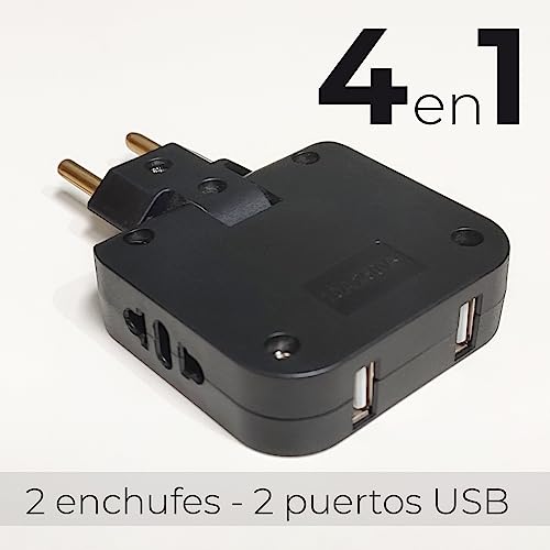Ladrón Enchufe Ultra Plano, 4 en 1: 2X Puertos USB y 2X enchufes (Adaptador Europeo y Americano), Cabezal Giratorio 180 Grados