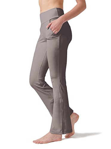LaiEr Pantalones de yoga para mujer con 4 bolsillos, cintura alta, pantalones de trabajo elásticos en 4 direcciones, control de abdomen, pantalones largos acampanados, Lignt Brown (2 bolsillos