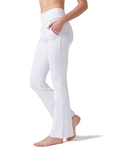 LaiEr Pantalones de Yoga para Mujer con 4 Bolsillos, Pantalones de Trabajo de Cintura Alta en 4 direcciones, Pantalones Largos Acampanados con Control de Abdomen, Blanco,XXXL