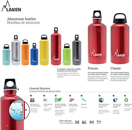 LAKEN Futura Botella de Agua, Cantimplora de Aluminio Boca Estrecha 1L, Rojo
