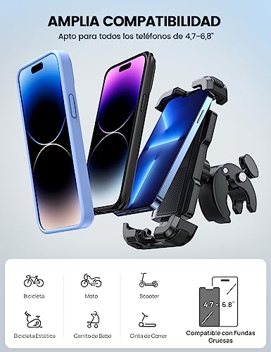 Lamicall Soporte Móvil Bicicleta, Soporte Móvil Moto - 360°Rotación, Liberación con un Botón, Soporte Teléfono Bici para iPhone 15 14 13 12 11 Pro MAX/Plus/Mini, Samsung, Huawei, 4.7-6.8” Smartphone