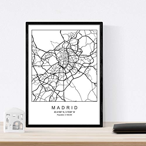 Lámina mapa de la ciudad Madrid estilo nordico en blanco y negro. Poster tamaño A4 Sin marco Impreso papel 250 gr. Cuadros, láminas y posters para salon y dormitorio