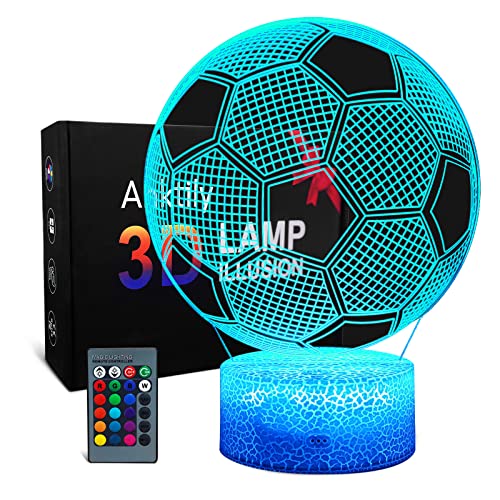 Lámpara 3D Fútbol de Ilusión óptica Luz Nocturna Infantil, Lámpara de Noche de 16 Colores con Control Remoto, Lámpara de Decoración Regalo Para Niños Hombres(Base Agrietada)