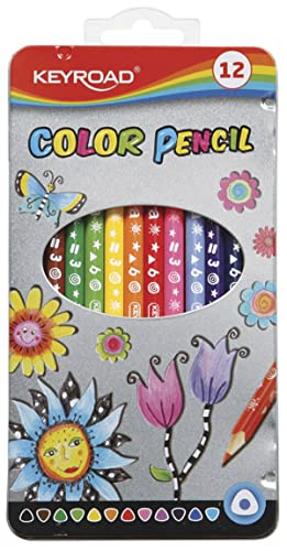 Lápices de Colores - Estuche de Metal de 12 - Diseño Triangular - Con Grafito Resistente de 3 mm - Lápices de Madera con Revestimiento de Colores - Útiles Escolares - Keyroad