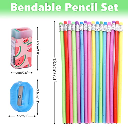 Lápices de flexión para niños, 18 unidades de lápices flexibles, lápices flexibles con goma de borrar y sacapuntas para obsequios de cumpleaños infantiles, fiestas y pequeños regalos