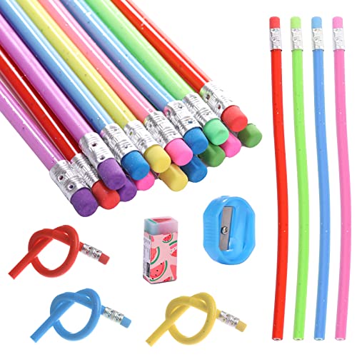 Lápices de flexión para niños, 18 unidades de lápices flexibles, lápices flexibles con goma de borrar y sacapuntas para obsequios de cumpleaños infantiles, fiestas y pequeños regalos