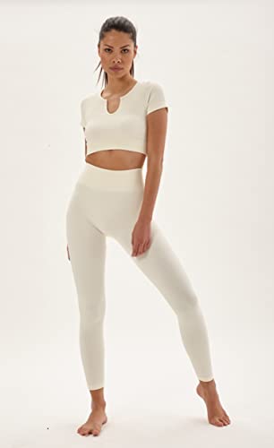 Laura Lily - Conjunto de ropa deportiva para mujer sin costuras de canalé leggings de talle alto y top camiseta fitness para yoga y gym. Cuev Blanco-S