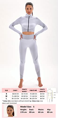 Laura Lily - Conjunto de ropa deportiva para mujer sin costuras de canalé leggings de talle alto y top camiseta fitness para yoga y gym. Lon Gris Blanco-M