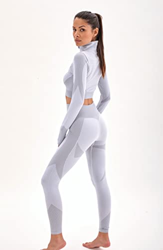 Laura Lily - Conjunto de ropa deportiva para mujer sin costuras de canalé leggings de talle alto y top camiseta fitness para yoga y gym. Lon Gris Blanco-M