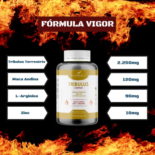 Lazarraga Tribulus Terrestris 2250 mg + MACA PERUANA + ARGININA + ZINC | Vitaminas para el Cansancio para Hombres | Fuerza y Energía | 180 Cápsulas veganas