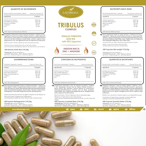 Lazarraga Tribulus Terrestris 2250 mg + MACA PERUANA + ARGININA + ZINC | Vitaminas para el Cansancio para Hombres | Fuerza y Energía | 180 Cápsulas veganas