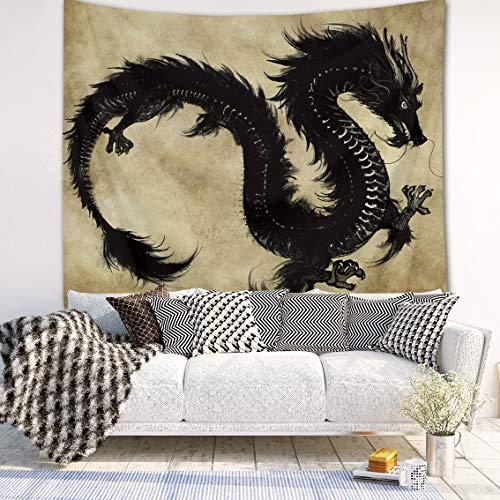 LB animal dragón negro_Tapiz colgante de pared Tapiz estampado de imagen Hoja de picnic de playa Paño de tabla Tapiz decorativo 150W x 100 H CM