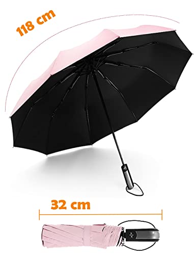 LBRWOX Sombrilla UV compacta, plegable, paraguas de viaje, apertura automática, cierre compacto, plegable, paraguas para hombre y mujer, bloqueado, Rosa.