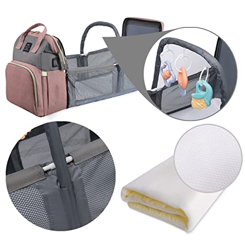LEcylankEr Mochila para pañales con cuna – Gran mochila con cambiador y bolsa aislante, mosquitera y puerto de carga USB (rosa gris)