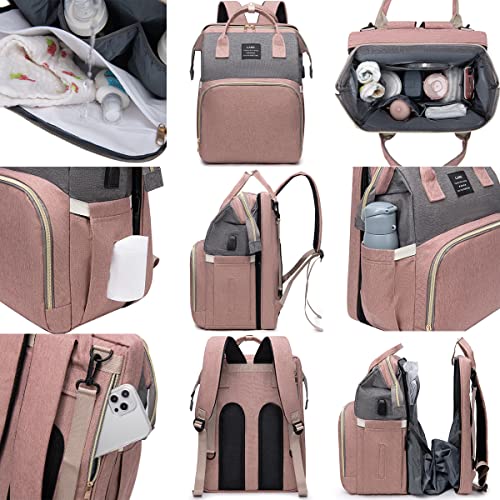 LEcylankEr Mochila para pañales con cuna – Gran mochila con cambiador y bolsa aislante, mosquitera y puerto de carga USB (rosa gris)