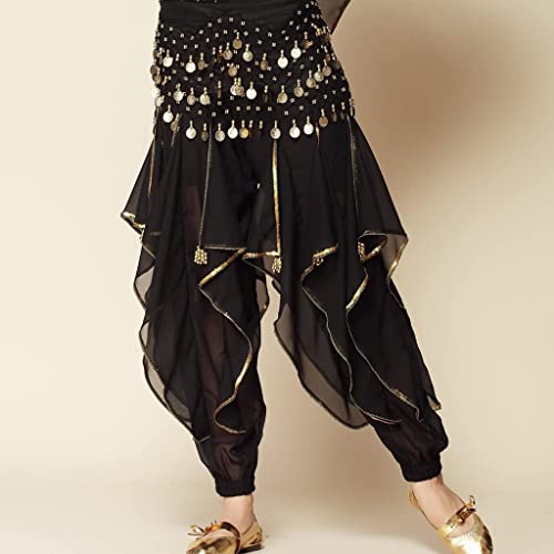 Leemiman Disfraz de danza del vientre para mujer, pantalones de harén tribales árabes de Halloween con ribete dorado, Negro, L