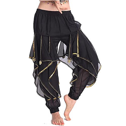 Leemiman Disfraz de danza del vientre para mujer, pantalones de harén tribales árabes de Halloween con ribete dorado, Negro, L