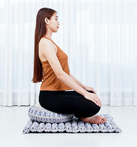 LEEWADEE Set de meditación – Cojín de Yoga Zafu y colchoneta de meditación Zabuton, Asiento tailandés de kapok Hecho a Mano, Set de 2, Azul Blanco