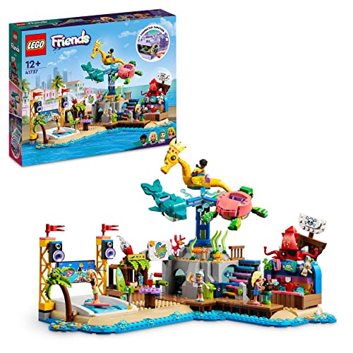 LEGO 41737 Friends Parque de Atracciones en la Playa, Feria de Juguete con Elementos de Movimiento Technic, Figuras de Animales, Carrusel y Máquina de Olas, Idea de Regalo