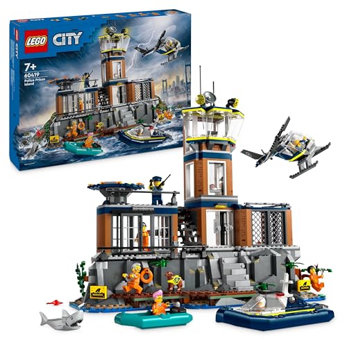LEGO City Isla Prisión de la Policía, Regalo de Cumpleaños para Niños y Niñas de 7 Años o Más, Helicóptero, Barco, Lancha y Cárcel de Juguete, 7 Minifiguras y Figuras de Animales Perro y Tiburón 60419